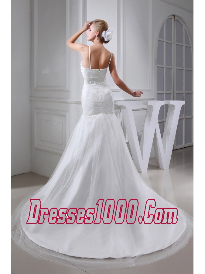 Embroidery Beding V-neck Ruching Mermaid Court Train Wedding Dress