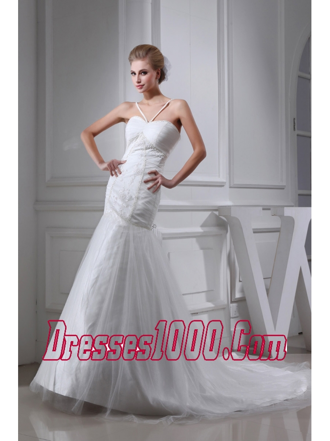 Embroidery Beding V-neck Ruching Mermaid Court Train Wedding Dress