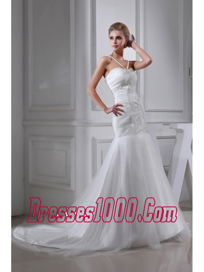 Embroidery Beding V-neck Ruching Mermaid Court Train Wedding Dress