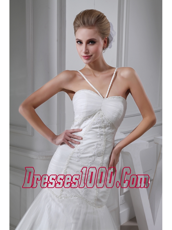 Embroidery Beding V-neck Ruching Mermaid Court Train Wedding Dress