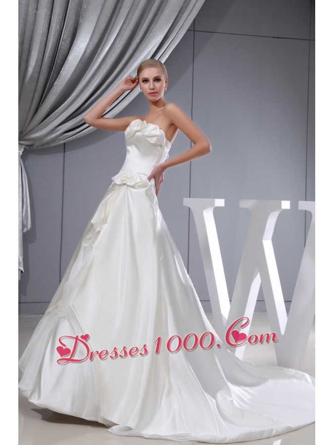 Hand Made Flowers A-line Chapel Train Strapless Wedding Dress