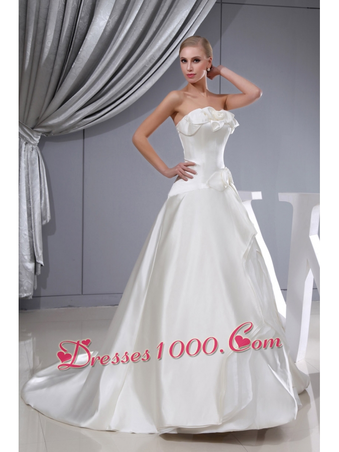 Hand Made Flowers A-line Chapel Train Strapless Wedding Dress