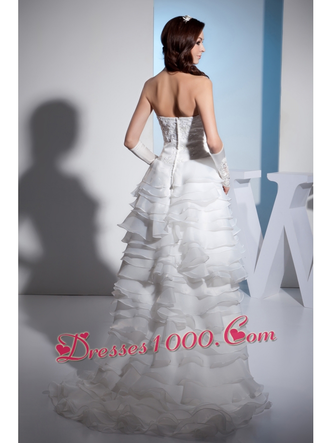 Lace and Ruffled Layers High-low Brush Train strapless Wedding Dress