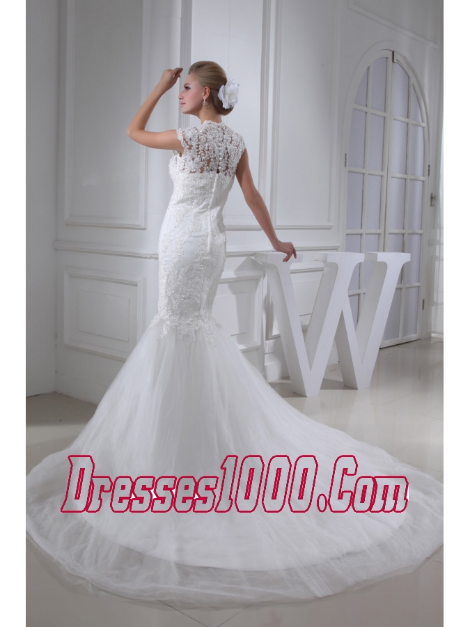 Lace Mermaid Chapel Train Square Wedding Dress