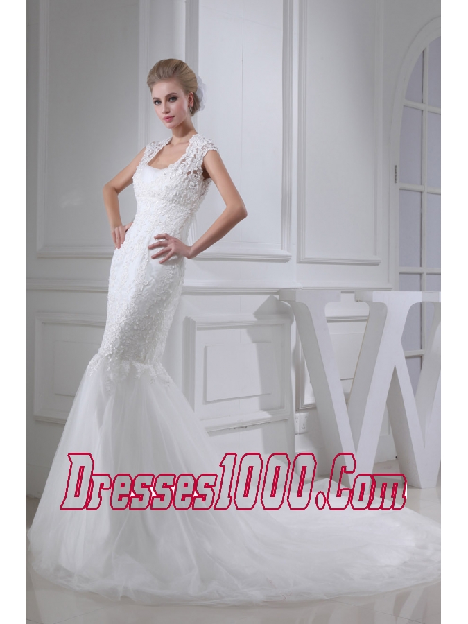 Lace Mermaid Chapel Train Square Wedding Dress