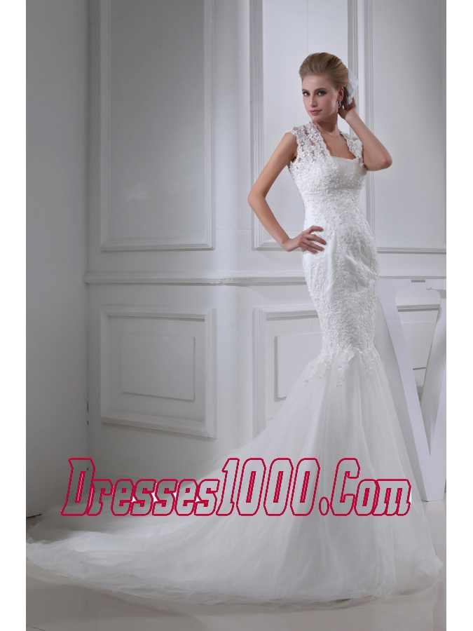 Lace Mermaid Chapel Train Square Wedding Dress