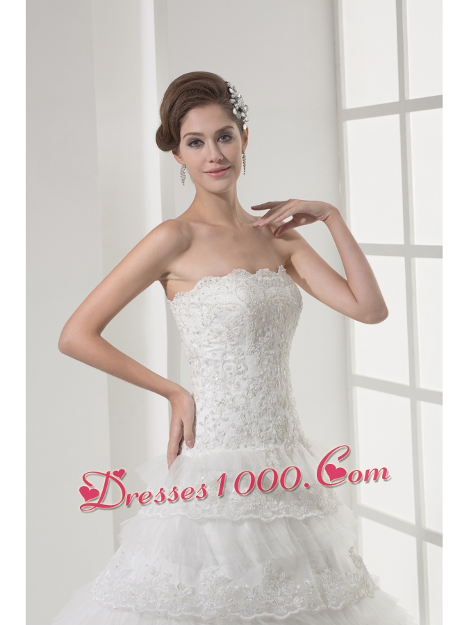Lace Strapless A-line / Princess Wedding Dress With Brush Train