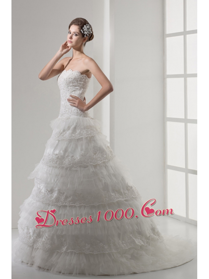Lace Strapless A-line / Princess Wedding Dress With Brush Train