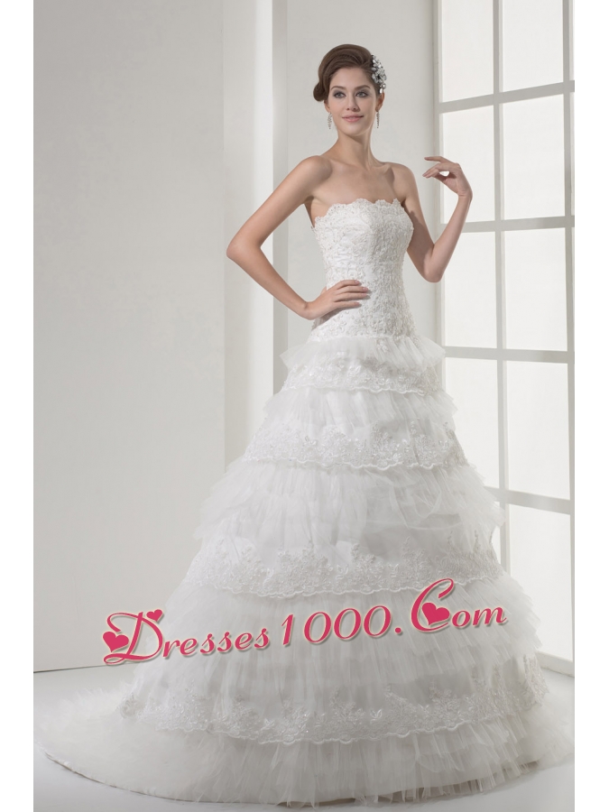 Lace Strapless A-line / Princess Wedding Dress With Brush Train