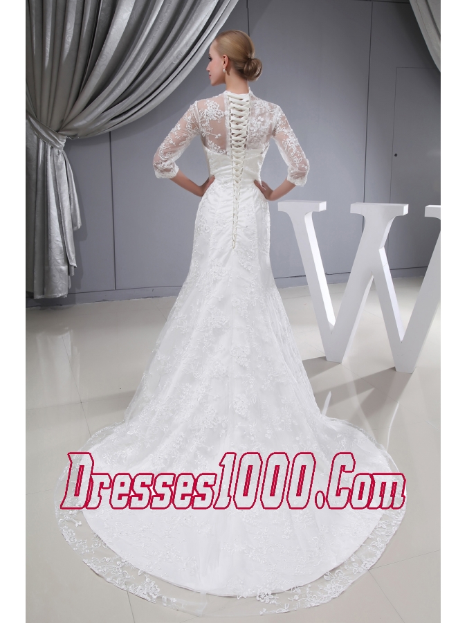 Lace V-neck Mermaid Court Train 3/4 Sleeves Wedding Dress
