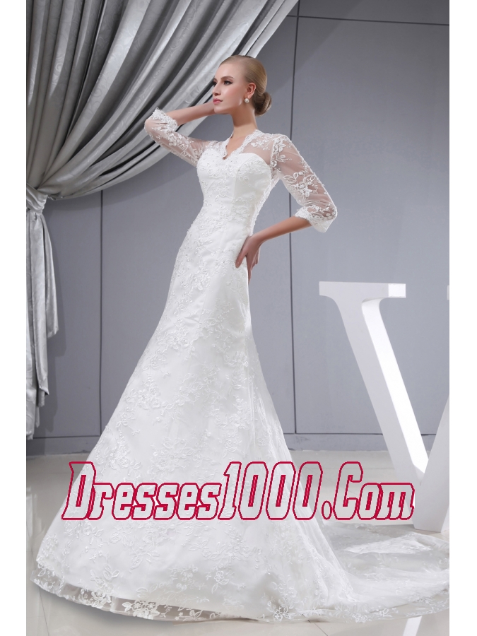Lace V-neck Mermaid Court Train 3/4 Sleeves Wedding Dress