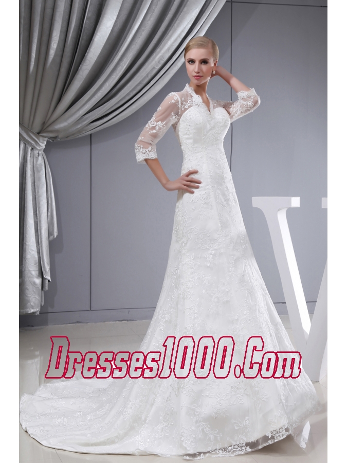 Lace V-neck Mermaid Court Train 3/4 Sleeves Wedding Dress