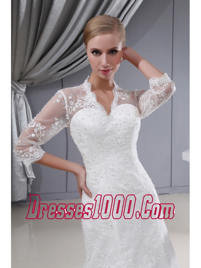 Lace V-neck Mermaid Court Train 3/4 Sleeves Wedding Dress