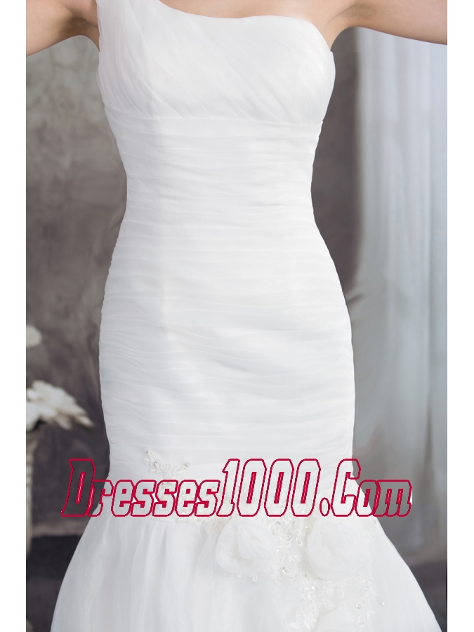 One Shoulder Mermaid Ruching Hand Made Flowers Wedding Dress