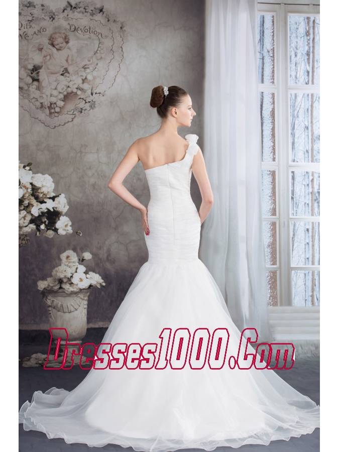 One Shoulder Mermaid Ruching Hand Made Flowers Wedding Dress