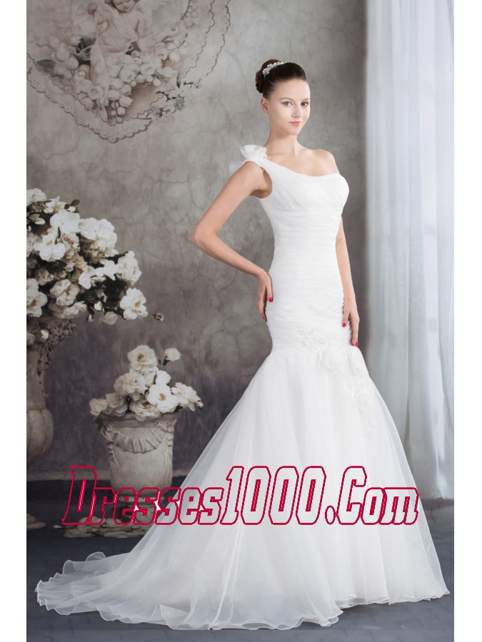 One Shoulder Mermaid Ruching Hand Made Flowers Wedding Dress