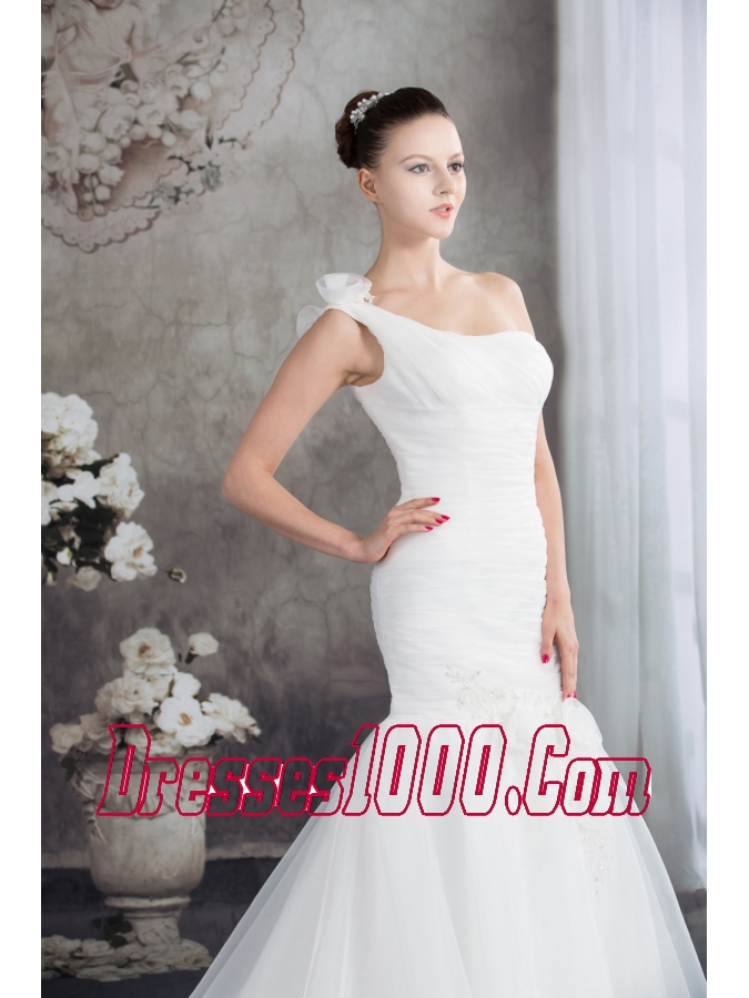 One Shoulder Mermaid Ruching Hand Made Flowers Wedding Dress