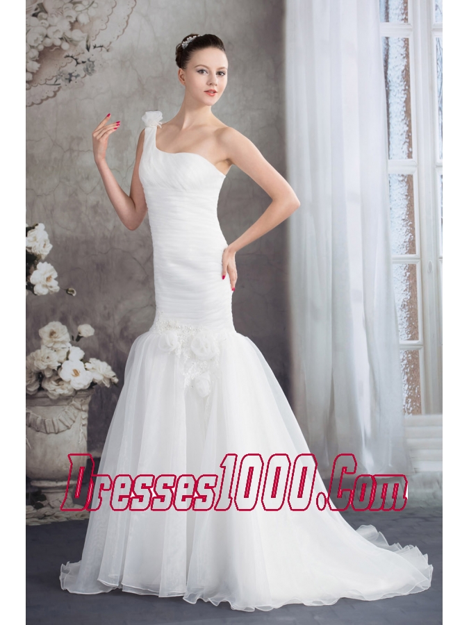 One Shoulder Mermaid Ruching Hand Made Flowers Wedding Dress