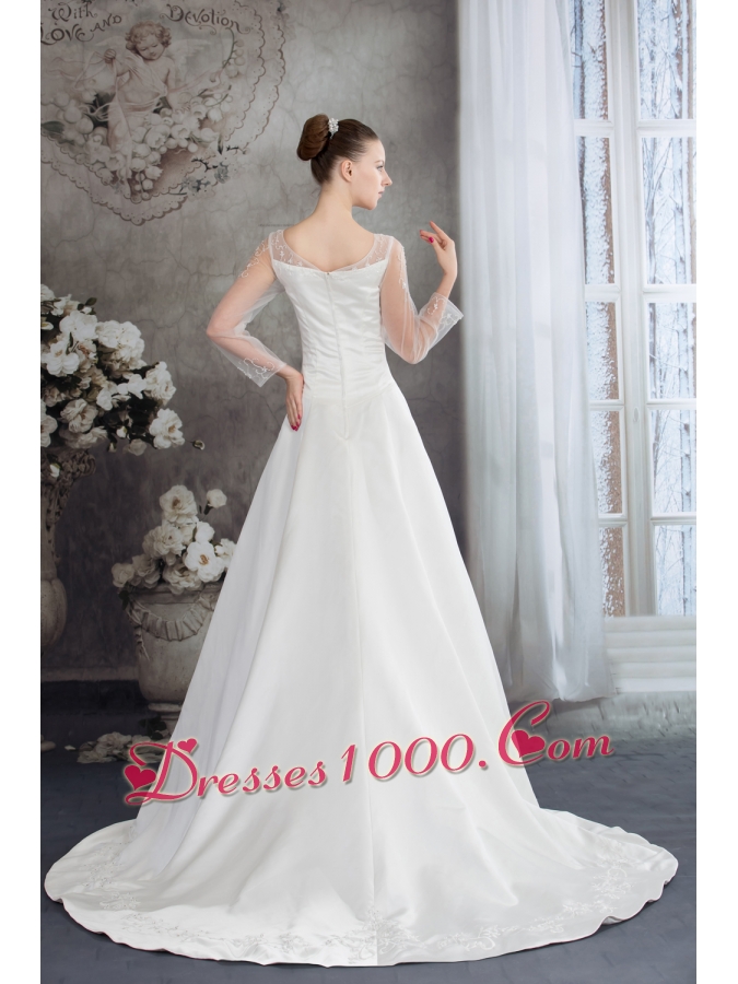 Scoop Long Sleeves Embroidery satin Wedding Dress