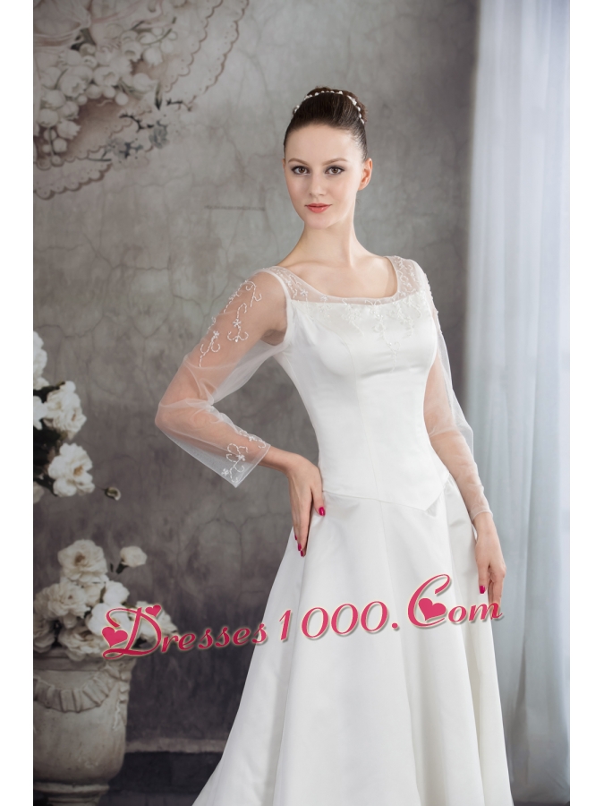 Scoop Long Sleeves Embroidery satin Wedding Dress