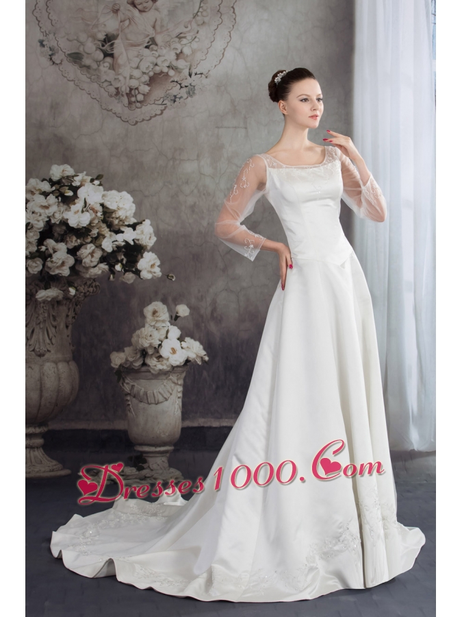 Scoop Long Sleeves Embroidery satin Wedding Dress