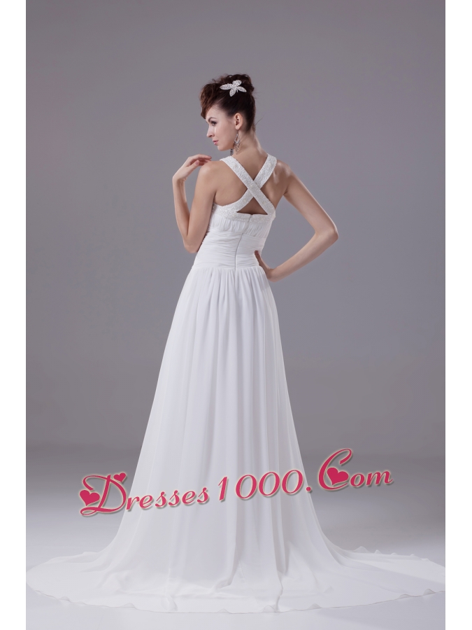 Scoop Neck Beading Princess Wedding Dress With Cross Criss Back