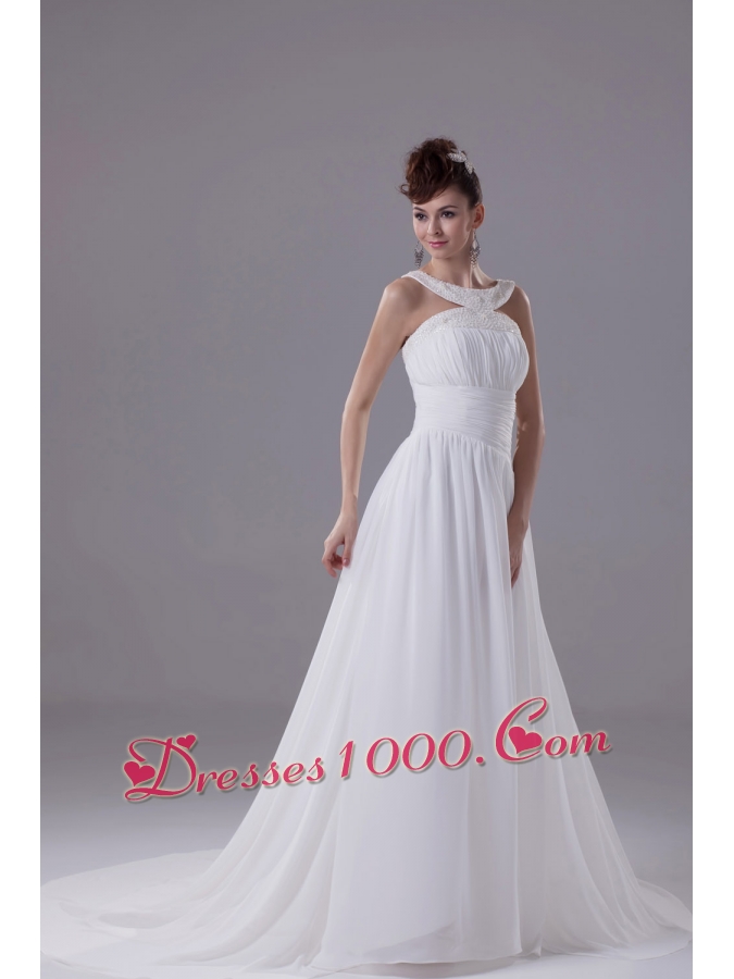 Scoop Neck Beading Princess Wedding Dress With Cross Criss Back