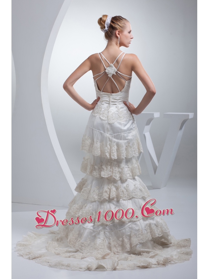 Spaghetti Straps Bow A-line Ruffled Layers Wedding Dress