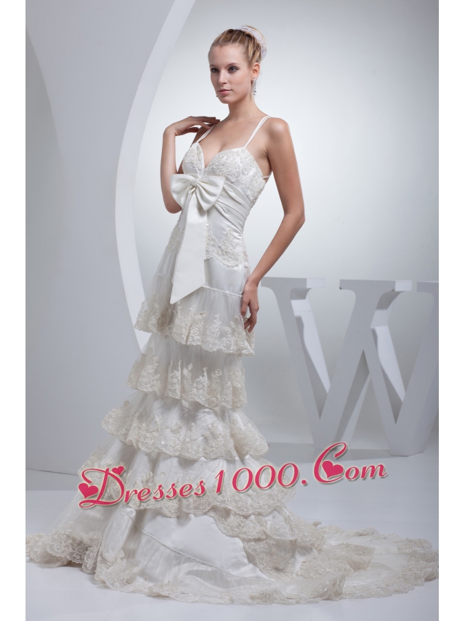 Spaghetti Straps Bow A-line Ruffled Layers Wedding Dress