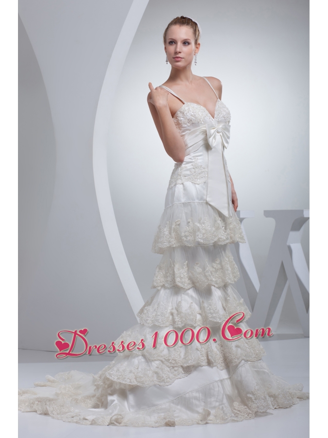 Spaghetti Straps Bow A-line Ruffled Layers Wedding Dress