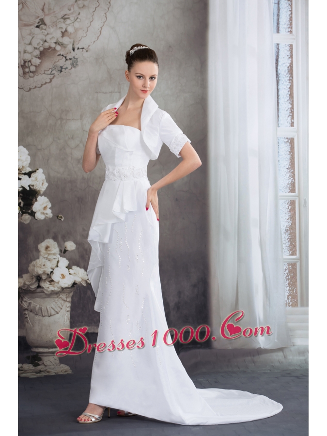 Strapless Column Jacket Beading Appliqes Wedding Dress