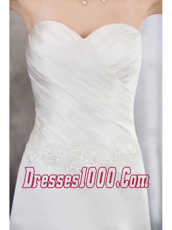 Sweetheart Brush Train Satin Appliques A-line Wedding Dress