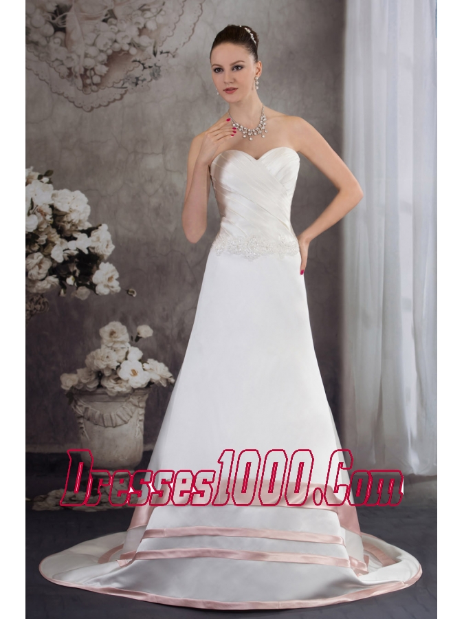 Sweetheart Brush Train Satin Appliques A-line Wedding Dress