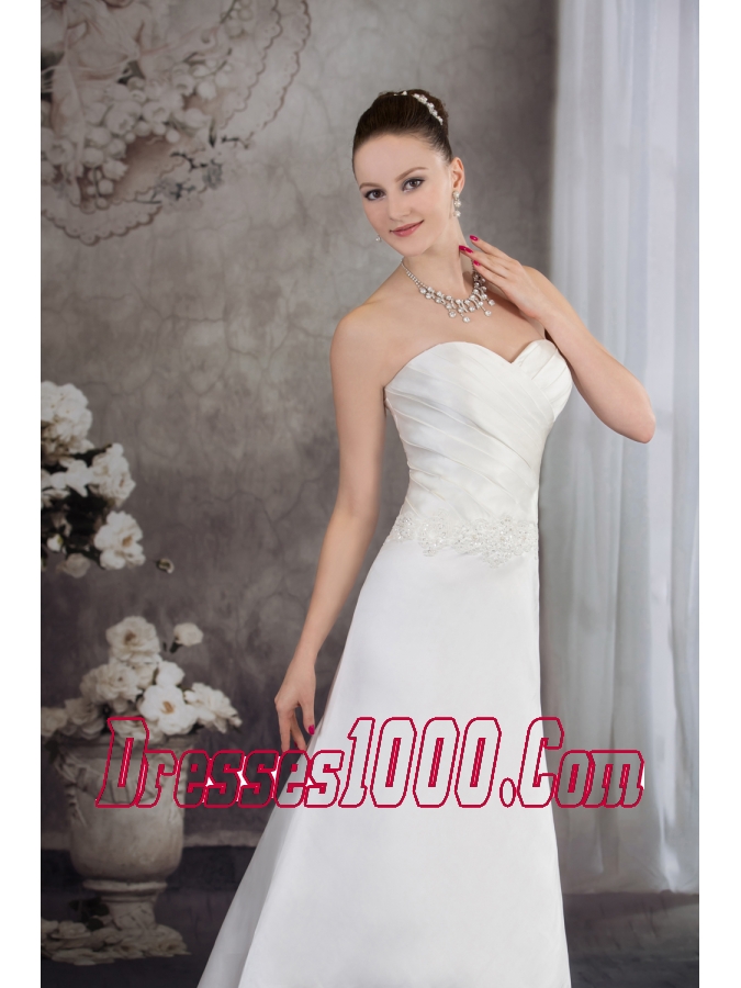 Sweetheart Brush Train Satin Appliques A-line Wedding Dress