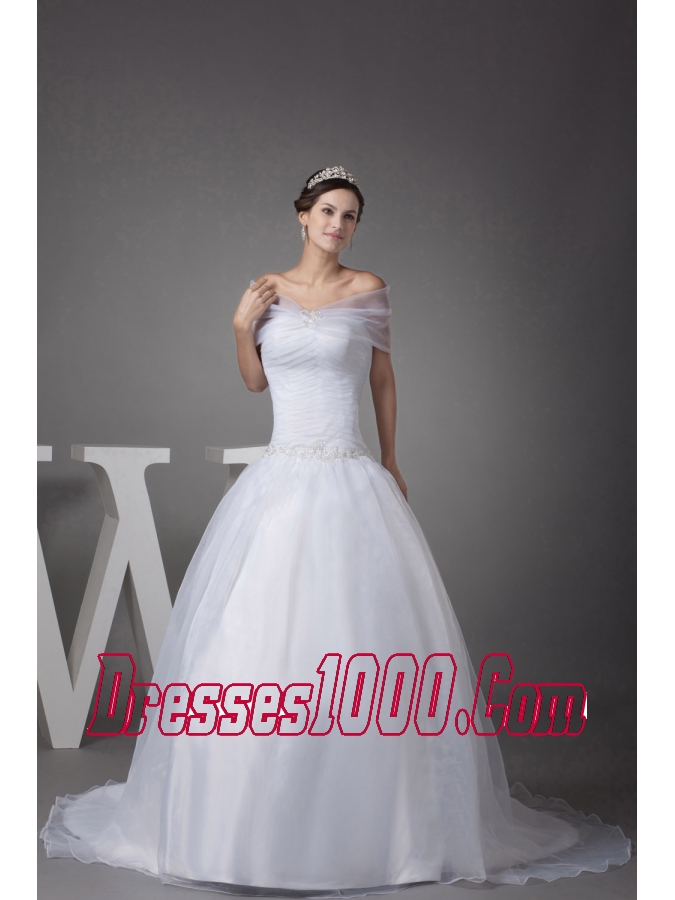 V-neck Court Train Appliques Ball Gown Wedding Dress