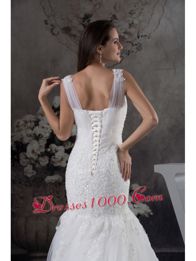 V-neck Mermaid Lace Brush Train Wedding Dress