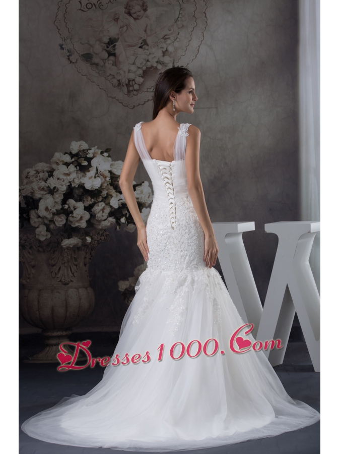 V-neck Mermaid Lace Brush Train Wedding Dress