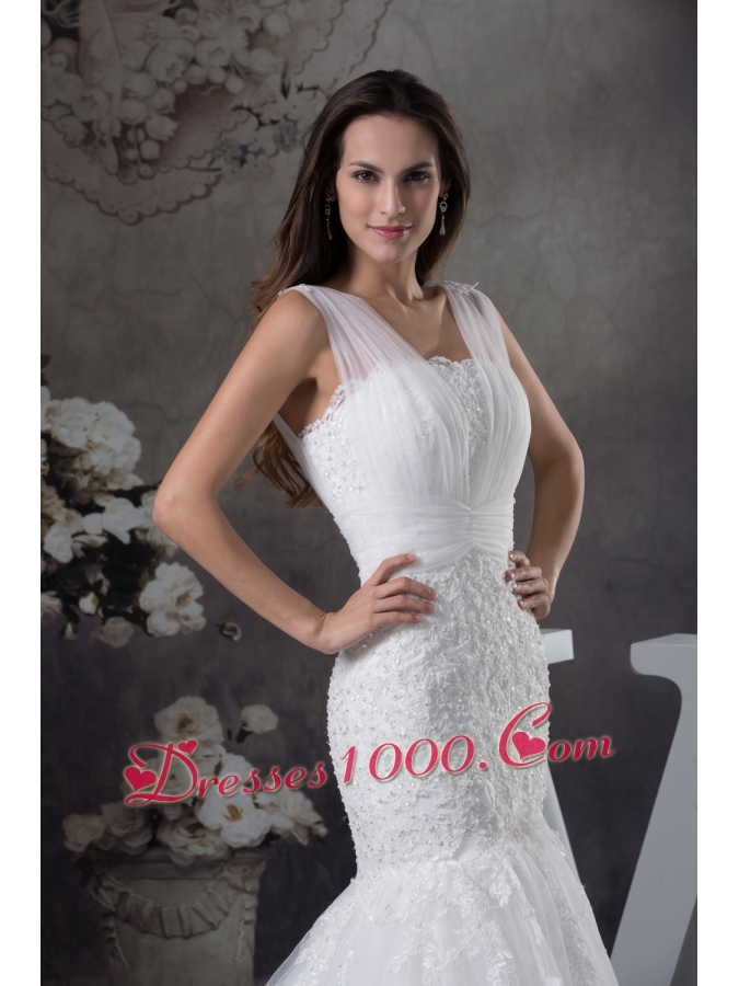 V-neck Mermaid Lace Brush Train Wedding Dress