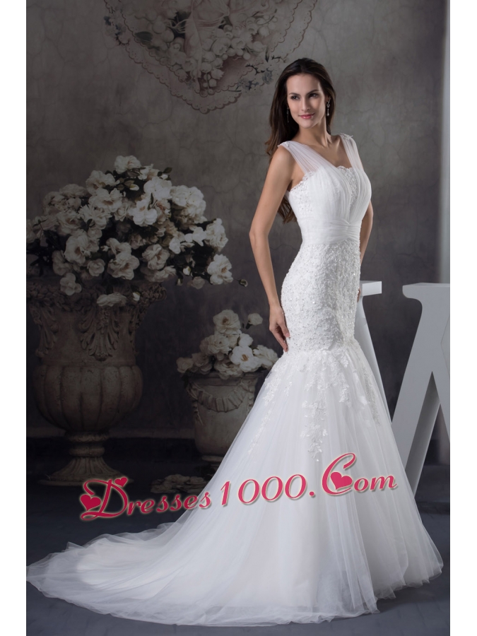 V-neck Mermaid Lace Brush Train Wedding Dress