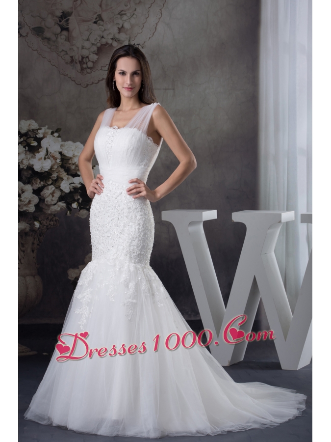 V-neck Mermaid Lace Brush Train Wedding Dress