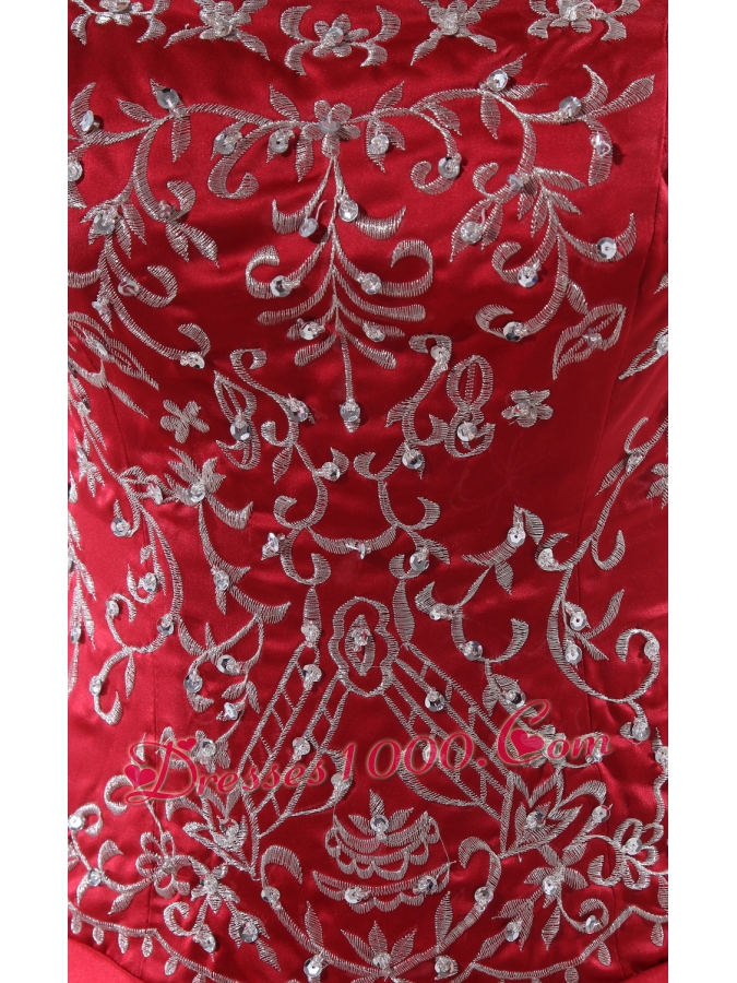 Wine Red Embroidery Pick-ups Chapel Train Ball Gown Wedding Dress