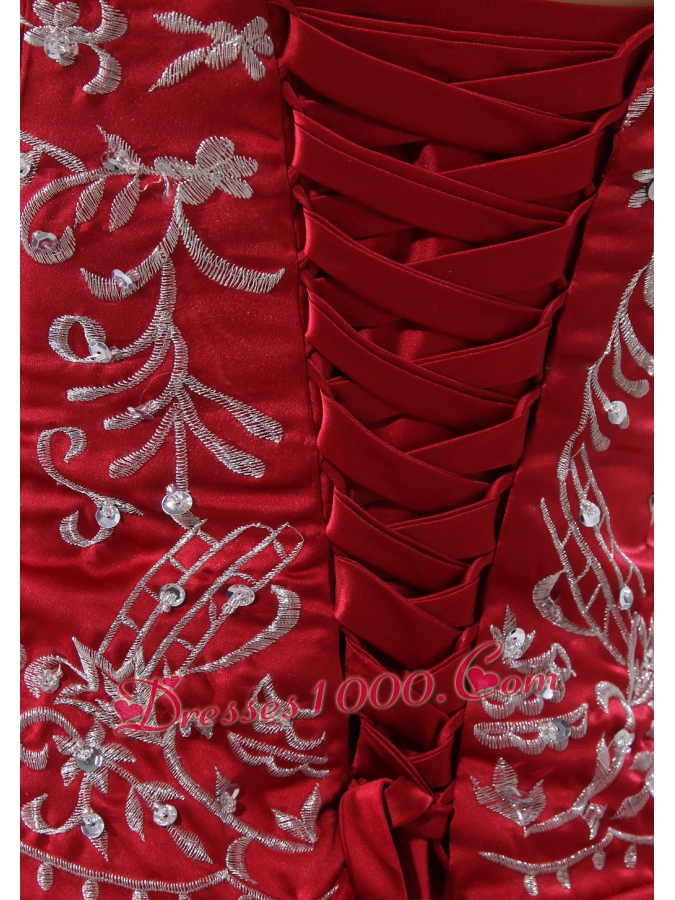 Wine Red Embroidery Pick-ups Chapel Train Ball Gown Wedding Dress