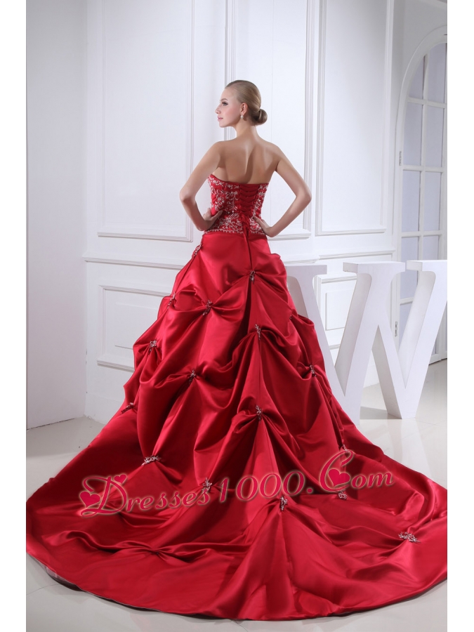 Wine Red Embroidery Pick-ups Chapel Train Ball Gown Wedding Dress