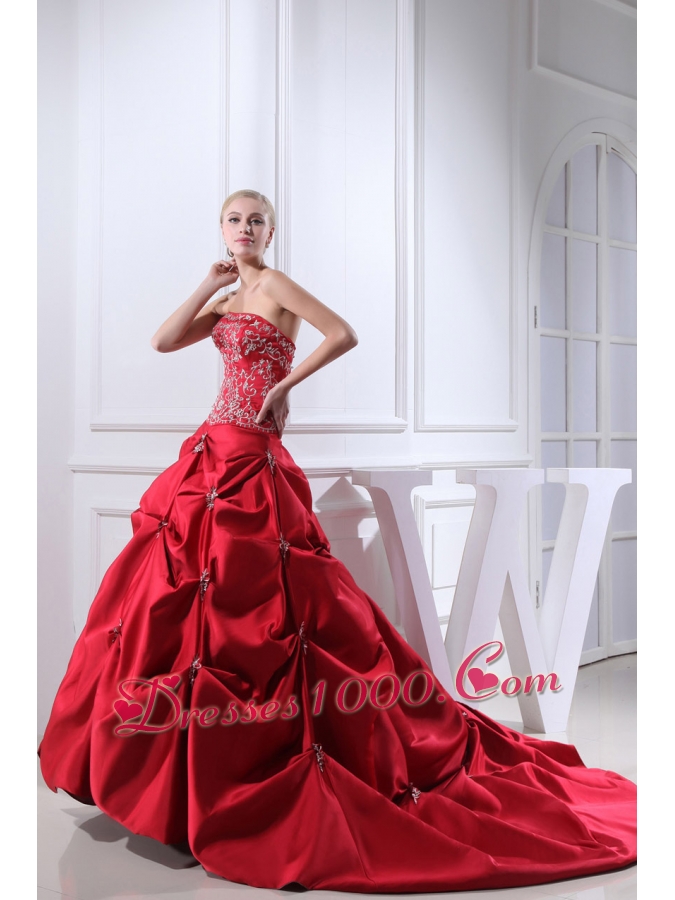 Wine Red Embroidery Pick-ups Chapel Train Ball Gown Wedding Dress