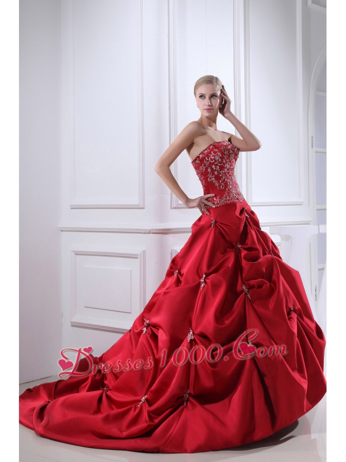 Wine Red Embroidery Pick-ups Chapel Train Ball Gown Wedding Dress