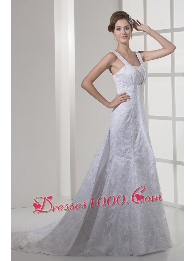 2013 Square Neck Lace Wedding Dress With Court Train