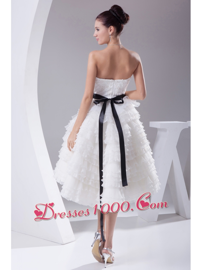 A-line / Princess Ruffled Layers Knee-length Sash Wedding Dress