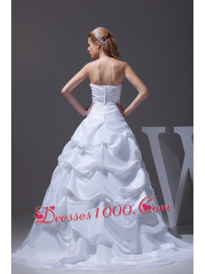 A-line Hand Made Flowers Pick-ups Strapless Wedding Dress