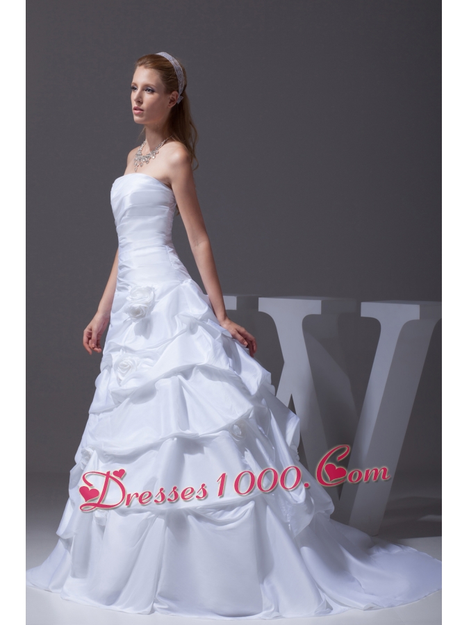 A-line Hand Made Flowers Pick-ups Strapless Wedding Dress