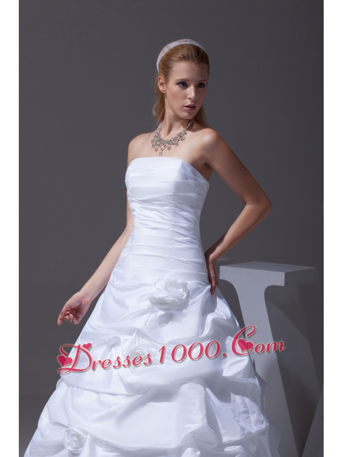 A-line Hand Made Flowers Pick-ups Strapless Wedding Dress